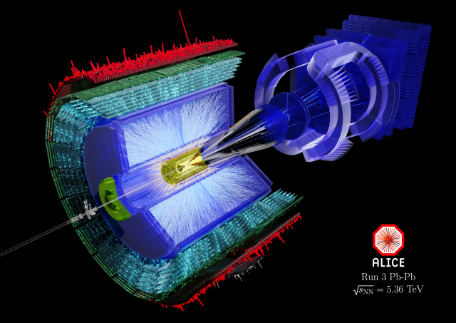 Event display of a Pb-Pb collision recorded by the ALICE experiment.